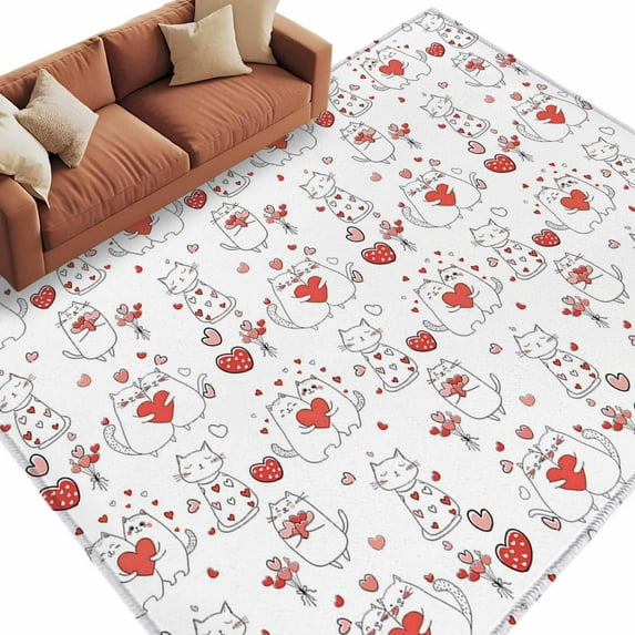 Valentine's Day Washable Area Rug 5 x 8 ft Cartoon White Couple Cats Red Love Cute, Soft Non Slip Rugs Stain Repellent Indoor Felt Carpet for Living Dining Room Bedroom Home Office