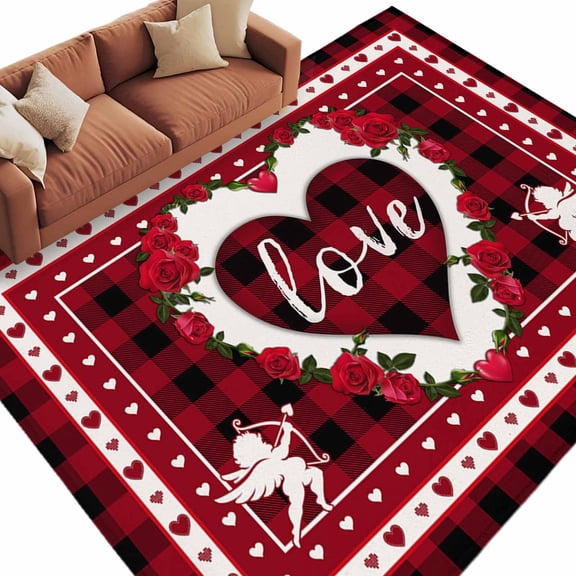 Valentine's Day Washable Area Rug 5 x 8 ft Love Heart Black Red Buffalo Plaid , Soft Non Slip Rugs Stain Repellent Indoor Felt Carpet for Living Dining Room Bedroom Home Office