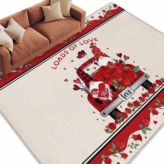 Valentine's Day Washable Area Rug 5 x 8 ft Red Truck with Gnomes Linen Texture , Soft Non Slip Rugs Stain Repellent Indoor Felt Carpet for Living Dining Room Bedroom Home Office