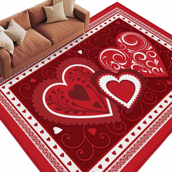 Valentine's Day Washable Area Rug 5 x 8 ft Red and White Love Heart Geometric, Soft Non Slip Rugs Stain Repellent Indoor Felt Carpet for Living Dining Room Bedroom Home Office
