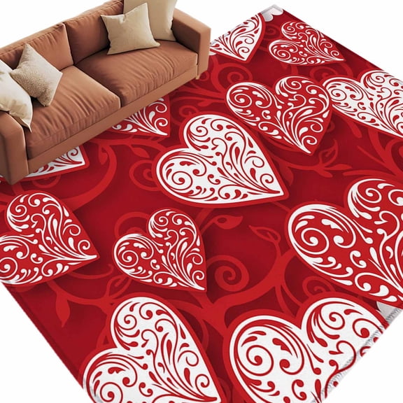 Valentine's Day Washable Area Rug 6 x 9 ft Abstract Romantic Red White Floral Love Heart Red, Soft Non Slip Rugs Stain Repellent Indoor Felt Carpet for Living Dining Room Bedroom Home Office