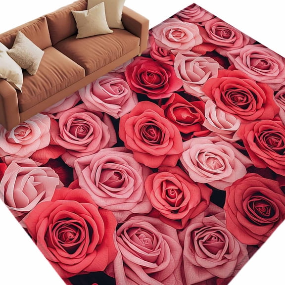 Valentine's Day Washable Area Rug 6 x 9 ft Pink and Red Rose Flowers, Soft Non Slip Rugs Stain Repellent Indoor Felt Carpet for Living Dining Room Bedroom Home Office