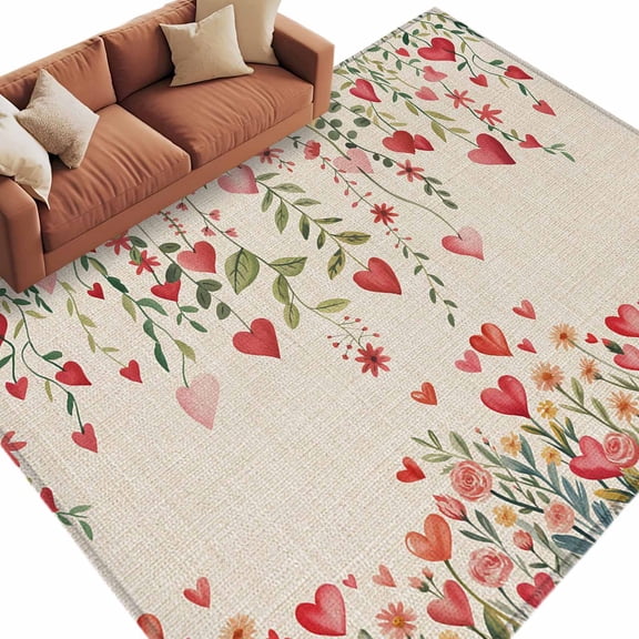 Valentine's Day Washable Area Rug 6 x 9 ft Red Pink Love Heart Colorful Floral Linen Texture, Soft Non Slip Rugs Stain Repellent Indoor Felt Carpet for Living Dining Room Bedroom Home Office