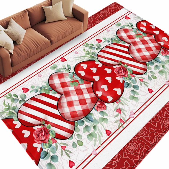 Valentine's Day Washable Area Rug 6 x 9 ft Red Stripe Plaid Heart Rose Leaf Flower Border, Soft Non Slip Rugs Stain Repellent Indoor Felt Carpet for Living Dining Room Bedroom Home Office