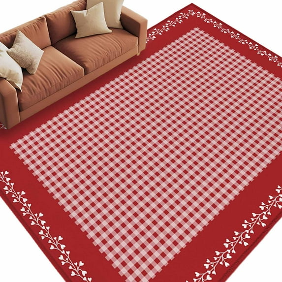 Valentine's Day Washable Area Rug 6 x 9 ft Vintage Red White Buffalo Plaid Branches Lace Border, Soft Non Slip Rugs Stain Repellent Indoor Felt Carpet for Living Dining Room Bedroom Home Office