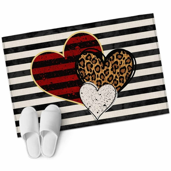 Valentine's Day Washable Area Rug 2x3 ft Red Love Heart Leopard Print Black Stripes Soft Rectangle Rugs for Living Room, Non Slip Carpet for Bedroom Entryway Dining Room