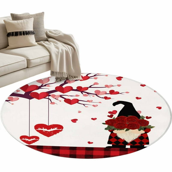 Valentine's Day Washable Area Rug 3 ft Love Heart Tree Red Lips Rose Dwarf Soft Round Rugs for Living Room, Non Slip Carpet for Bedroom Entryway Dining Room