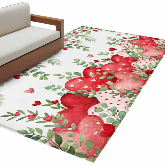 Valentine's Day Washable Area Rug 3x5ft Watercolor Red Pink Love Heart Roses Floral Leaf Soft Rectangle Rugs for Living Room, Non Slip Carpet for Bedroom Entryway Dining Room