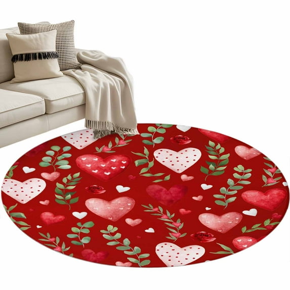 Valentine's Day Washable Area Rug 4 ft Vintage Red Pink Dots Love Heart Roses Floral Leaf Red Soft Round Rugs for Living Room, Non Slip Carpet for Bedroom Entryway Dining Room