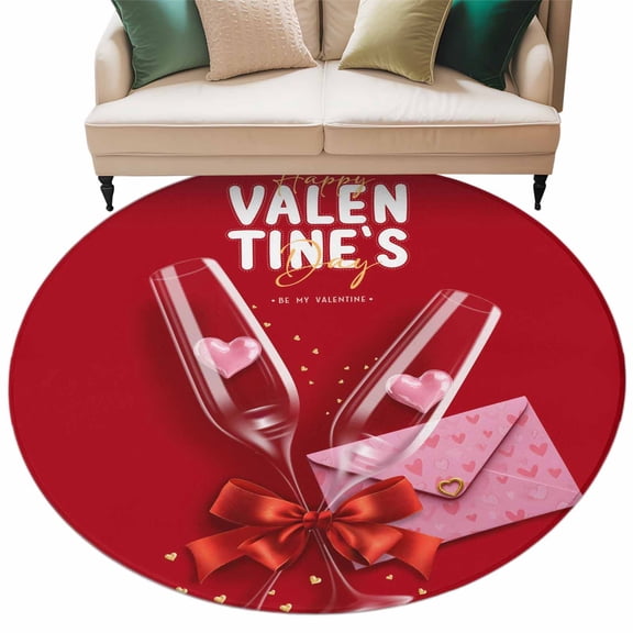 Valentine's Day Washable Area Rug 5 ft Romantic Red Pink Love Heart Bowknot Glass Pink Letter Red Soft Round Rugs for Living Room, Non Slip Carpet for Bedroom Entryway Dining Room