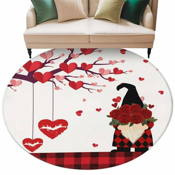Valentine's Day Washable Area Rug 6 ft Love Heart Tree Red Lips Rose Dwarf Soft Round Rugs for Living Room, Non Slip Carpet for Bedroom Entryway Dining Room