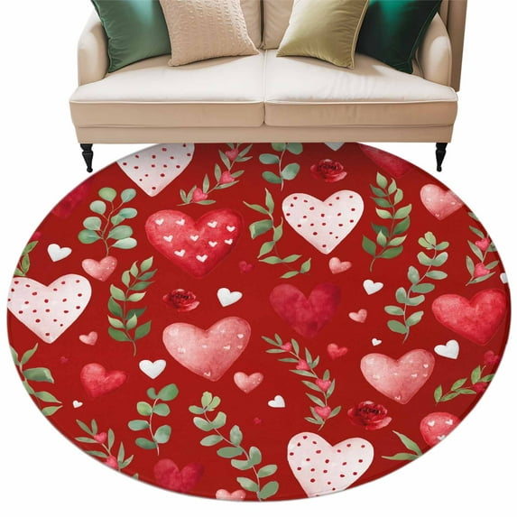 Valentine's Day Washable Area Rug 6 ft Vintage Red Pink Dots Love Heart Roses Floral Leaf Red Soft Round Rugs for Living Room, Non Slip Carpet for Bedroom Entryway Dining Room