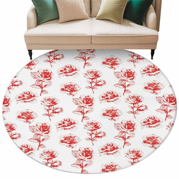 Valentine's Day Washable Area Rug&nbsp;6 ft Watercolor Bright Red Roses Floral Leaf Plant Soft Round&nbsp;Rugs for Living Room, Non Slip Carpet for Bedroom&nbsp;Entryway Dining Room
