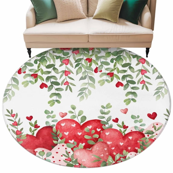 Valentine's Day Washable Area Rug 6 ft Watercolor Red Pink Love Heart Roses Floral Leaf Soft Round Rugs for Living Room, Non Slip Carpet for Bedroom Entryway Dining Room