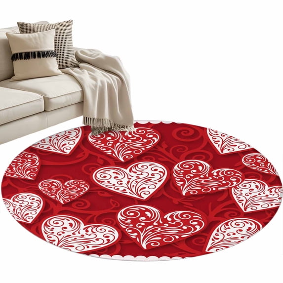Valentine's Day Washable Round Area Rug 3.3 ft, Abstract Romantic Red White Floral Love Heart Red, Soft Non Slip Rugs Stain Repellent Indoor Felt Carpet for Living Dining Room Bedroom Home Office