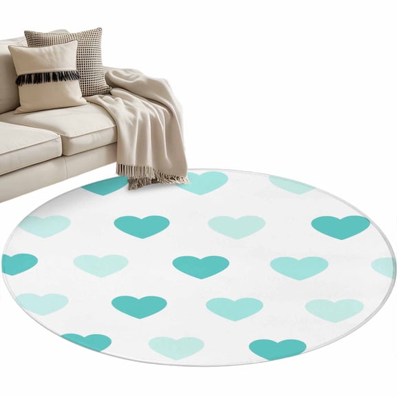 Valentine's Day Washable Round Area Rug 3.3 ft, Modern Romantic Gradient Turquoise Love Background, Soft Non Slip Rugs Stain Repellent Indoor Felt Carpet for Living Dining Room Bedroom Home Office