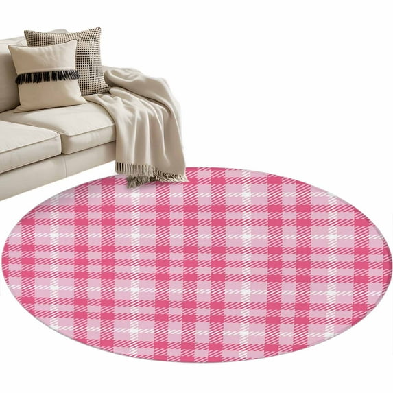 Valentine's Day Washable Round Area Rug 3.3 ft, Pink Plaid, Soft Non Slip Rugs Stain Repellent Indoor Felt Carpet for Living Dining Room Bedroom Home Office