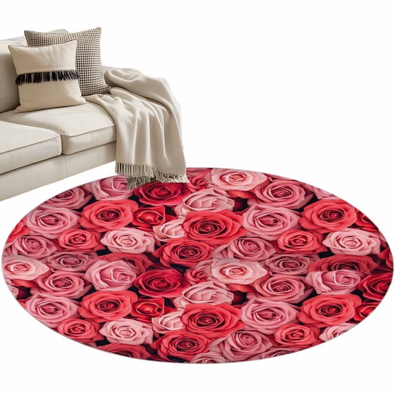 Valentine's Day Washable Round Area Rug 3.3 ft, Pink and Red Rose Flowers, Soft Non Slip Rugs Stain Repellent Indoor Felt Carpet for Living Dining Room Bedroom Home Office