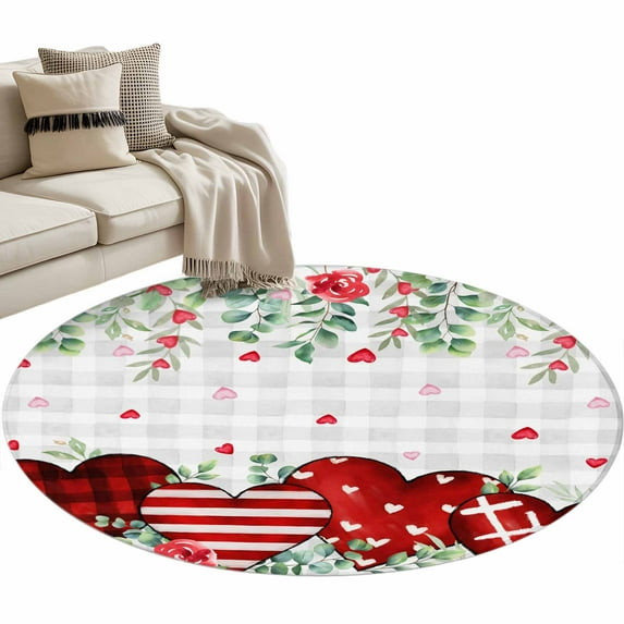 Valentine's Day Washable Round Area Rug 3.3 ft, Red Heart Green Eucalyptus Roses Petals Plaid, Soft Non Slip Rugs Stain Repellent Indoor Felt Carpet for Living Dining Room Bedroom Home Office