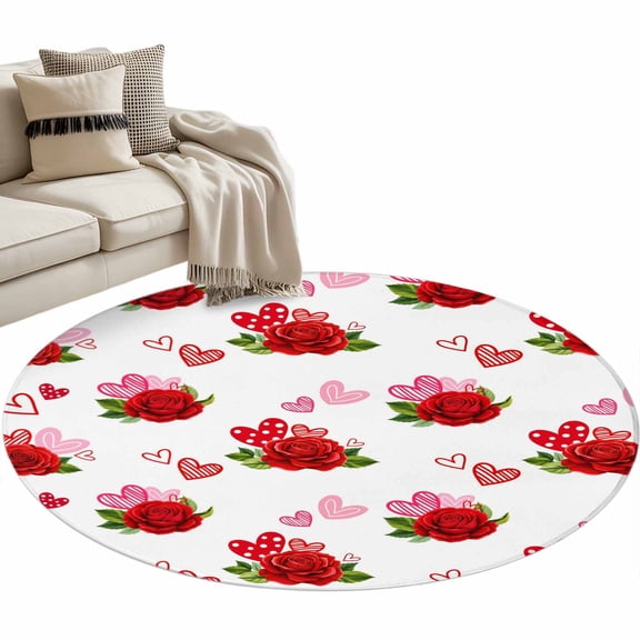 Valentine's Day Washable Round Area Rug 3.3 ft, Romantic Red Rose Floral Pink Red Stripes Love Heart, Soft Non Slip Rugs Stain Repellent Indoor Felt Carpet for Living Dining Room Bedroom Home Office