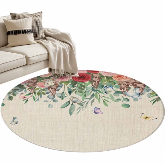 Valentine's Day Washable Round Area Rug 3.3 ft, Spring Red Pink Rose Floral Green Leaf Linen Texture, Soft Non Slip Rugs Stain Repellent Indoor Felt Carpet for Living Dining Room Bedroom Home Office