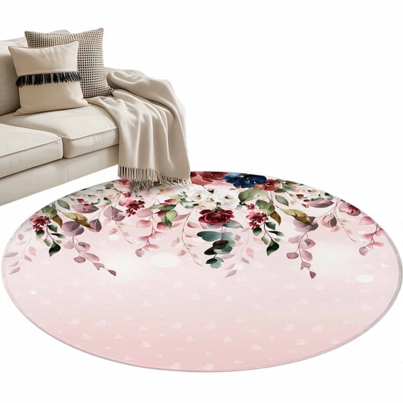 Valentine's Day Washable Round Area Rug 3.3 ft, Watercolors Red Blue Rose Leaves Pink Ombre, Soft Non Slip Rugs Stain Repellent Indoor Felt Carpet for Living Dining Room Bedroom Home Office