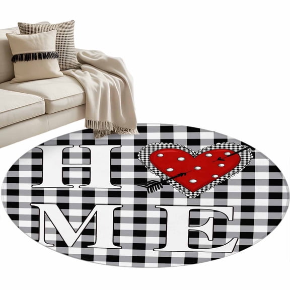 Valentine's Day Washable Round Area Rug 3 ft, Black White Checkered Red Heart Arrow Modern, Soft Non Slip Rugs Stain Repellent Indoor Felt Carpet for Living Dining Room Bedroom Home Office