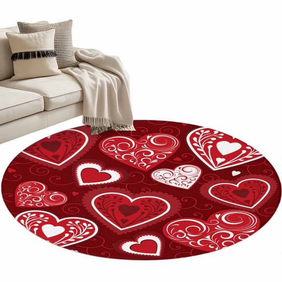 Valentine's Day Washable Round Area Rug 3 ft, Love Heart Floral, Soft Non Slip Rugs Stain Repellent Indoor Felt Carpet for Living Dining Room Bedroom Home Office