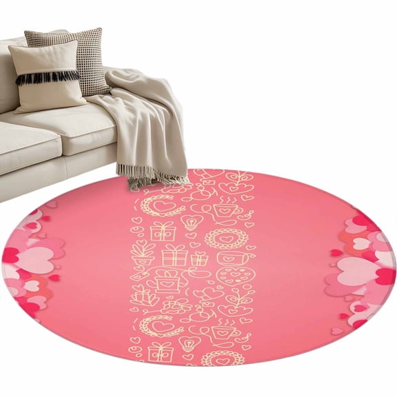 Valentine's Day Washable Round Area Rug 3 ft, Modern Romantic Pink Love Lines Simple Heart Pink, Soft Non Slip Rugs Stain Repellent Indoor Felt Carpet for Living Dining Room Bedroom Home Office