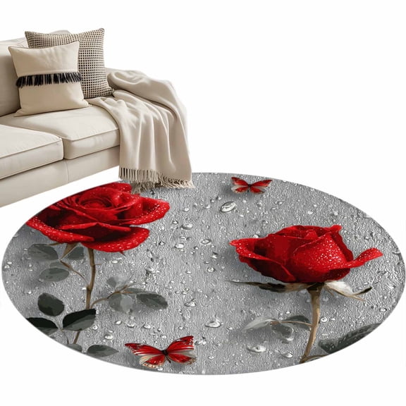 Valentine's Day Washable Round Area Rug 3 ft, Rainy Romantic Red Roses Floral Plant Butterfly, Soft Non Slip Rugs Stain Repellent Indoor Felt Carpet for Living Dining Room Bedroom Home Office