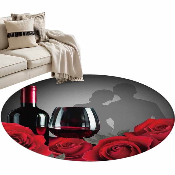 Valentine's Day Washable Round Area Rug 3 ft, Romantic Couple Lover Shadow Red Roses Floral Red Wine, Soft Non Slip Rugs Stain Repellent Indoor Felt Carpet for Living Dining Room Bedroom Home Office
