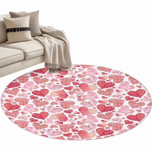Valentine's Day Washable Round Area Rug 3 ft, Romantic Gradient Pink Stripes Leopard Love Heart, Soft Non Slip Rugs Stain Repellent Indoor Felt Carpet for Living Dining Room Bedroom Home Office