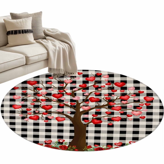 Valentine's Day Washable Round Area Rug 3 ft, Watercolor Love Tree Roses Black Checkered, Soft Non Slip Rugs Stain Repellent Indoor Felt Carpet for Living Dining Room Bedroom Home Office