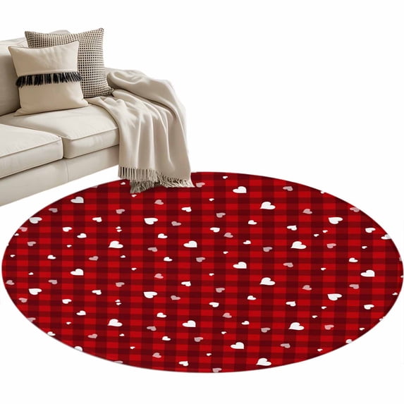 Valentine's Day Washable Round Area Rug 4 ft, Modern White Pink Love Heart Red Buffalo Plaid, Soft Non Slip Rugs Stain Repellent Indoor Felt Carpet for Living Dining Room Bedroom Home Office
