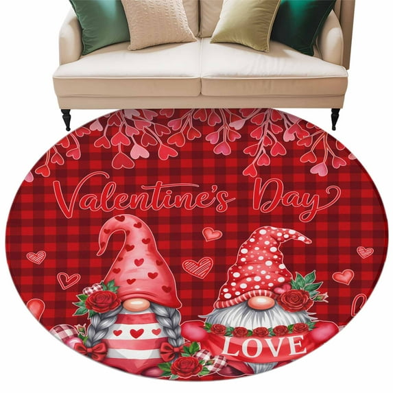 Valentine's Day Washable Round Area Rug 5 ft, Gnome Couple Red Love Heart Rose Floral Red Plaid, Soft Non Slip Rugs Stain Repellent Indoor Felt Carpet for Living Dining Room Bedroom Home Office