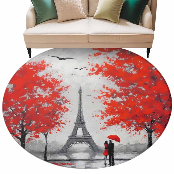 Valentine's Day Washable Round Area Rug 5 ft, Rainy Couple under Red Umbrella Paris Eiffel Tower Red Trees, Soft Non Slip Rugs Stain Repellent Indoor Felt Carpet for Living Dining Room Home Office