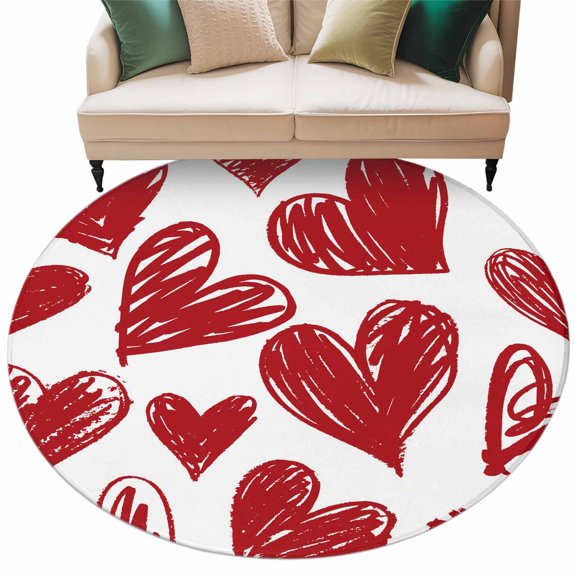Valentine's Day Washable Round Area Rug 6 ft, Modern Hand-Drawn Lines Red Loves Simple Heart, Soft Non Slip Rugs Stain Repellent Indoor Felt Carpet for Living Dining Room Bedroom Home Office
