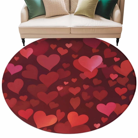 Valentine's Day Washable Round Area Rug 6 ft, Red Love Abstract Heart Romantic Dark Red, Soft Non Slip Rugs Stain Repellent Indoor Felt Carpet for Living Dining Room Bedroom Home Office
