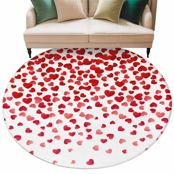 Valentine's Day Washable Round Area Rug 6 ft, Romantic Gradient Red Pink Falling Love Heart, Soft Non Slip Rugs Stain Repellent Indoor Felt Carpet for Living Dining Room Bedroom Home Office