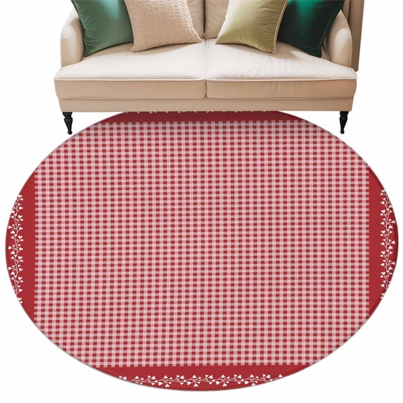 Valentine's Day Washable Round Area Rug 6 ft, Vintage Red White Buffalo Plaid Branches Lace Border, Soft Non Slip Rugs Stain Repellent Indoor Felt Carpet for Living Dining Room Bedroom Home Office
