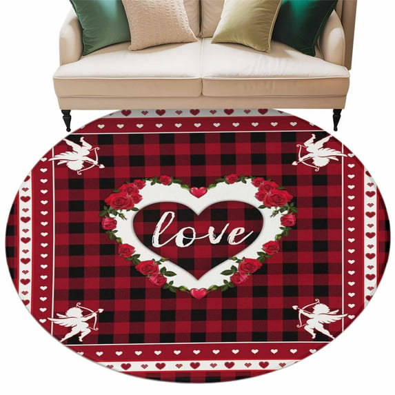 Valentine's Day Washable Round Area Rug 8 ft, Love Heart Black Red Buffalo Plaid , Soft Non Slip Rugs Stain Repellent Indoor Felt Carpet for Living Dining Room Bedroom Home Office