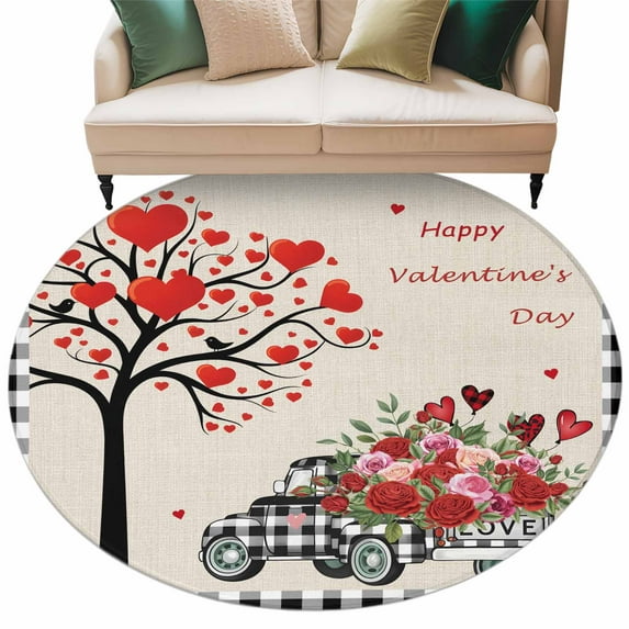 Valentine's Day Washable Round Area Rug 8 ft, Love Tree Roses Truck Black Plaid, Soft Non Slip Rugs Stain Repellent Indoor Felt Carpet for Living Dining Room Bedroom Home Office