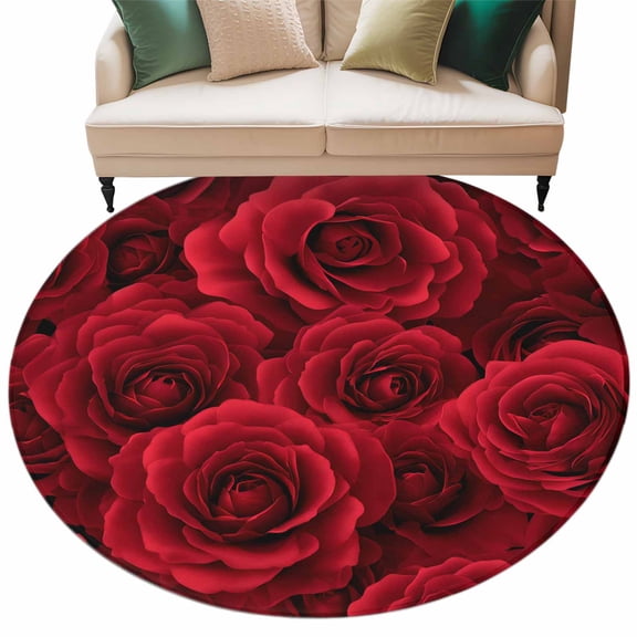 Valentine's Day Washable Round Area Rug 8 ft, Modern Romantic Dark Red Roses Petal Floral Plant, Soft Non Slip Rugs Stain Repellent Indoor Felt Carpet for Living Dining Room Bedroom Home Office