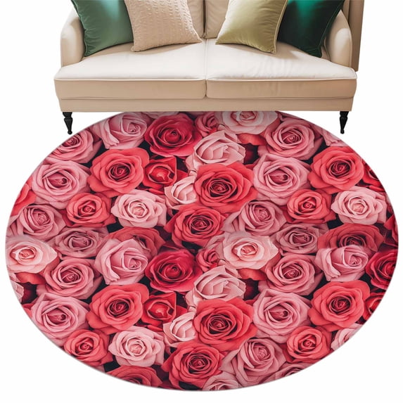 Valentine's Day Washable Round Area Rug 8 ft, Pink and Red Rose Flowers, Soft Non Slip Rugs Stain Repellent Indoor Felt Carpet for Living Dining Room Bedroom Home Office