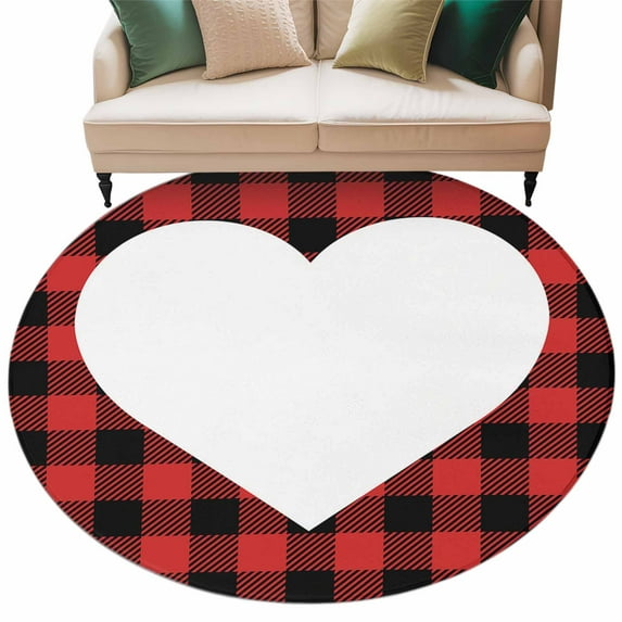 Valentine's Day Washable Round Area Rug 8 ft, Red and Black Buffalo Check with Heart , Soft Non Slip Rugs Stain Repellent Indoor Felt Carpet for Living Dining Room Bedroom Home Office