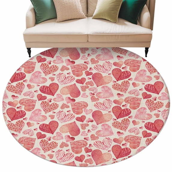 Valentine's Day Washable Round Area Rug 8 ft, Romantic Gradient Leopard Love Heart Linen Texture, Soft Non Slip Rugs Stain Repellent Indoor Felt Carpet for Living Dining Room Bedroom Home Office