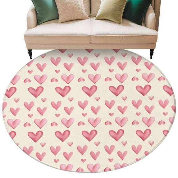 Valentine's Day Washable Round Area Rug 8 ft, Romantic Watercolor Pink Love Heart Beige Background, Soft Non Slip Rugs Stain Repellent Indoor Felt Carpet for Living Dining Room Bedroom Home Office