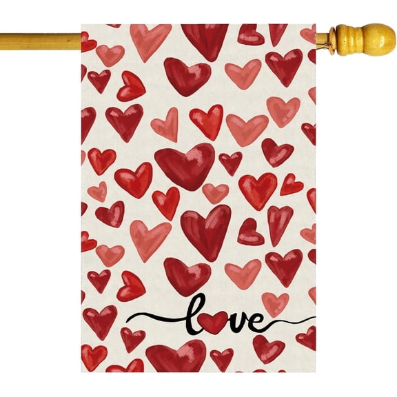 Valentine’s Day Watercolor Red Love Hearts House Flag Big Large Burlap 28X40 Inch Vertical Double Sided Outside Yard Holiday Outdoor Farmhouse Decoration