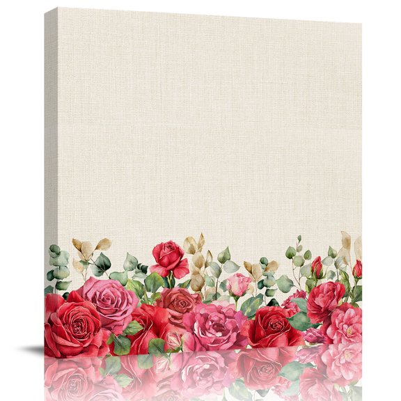 Valentine's Day Watercolor Rose Eucalyptus Canvas Artwork Painting Art, Floral on Retro Linen Square Framed Wall Decorations Prints Picture for Bedroom Kitchen Living Room, 8x8 in