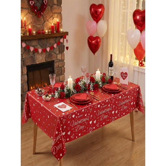 Valentine's Day Waterproof Tablecloth with Romantic Heart Pattern Extra Large Size for Party Decor Dining Table Setup Indoor Outdoor Decoration, 108x54 Inches
